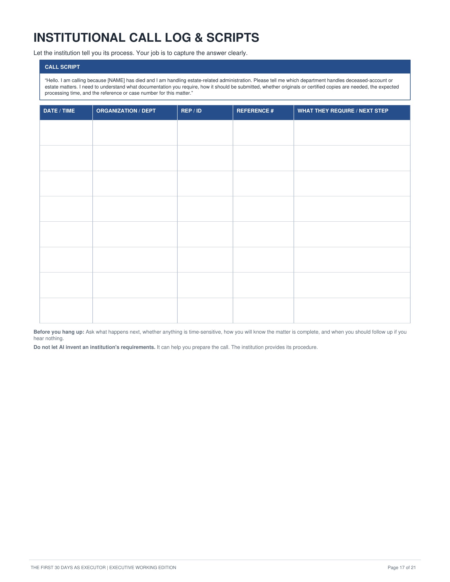 Institutional Call Log and Scripts page