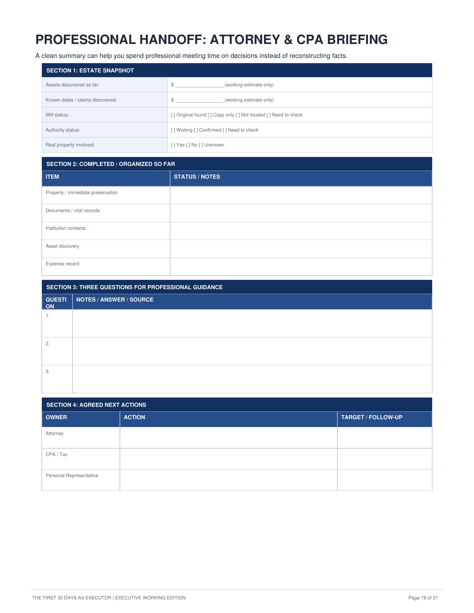 Attorney and CPA Professional Handoff page
